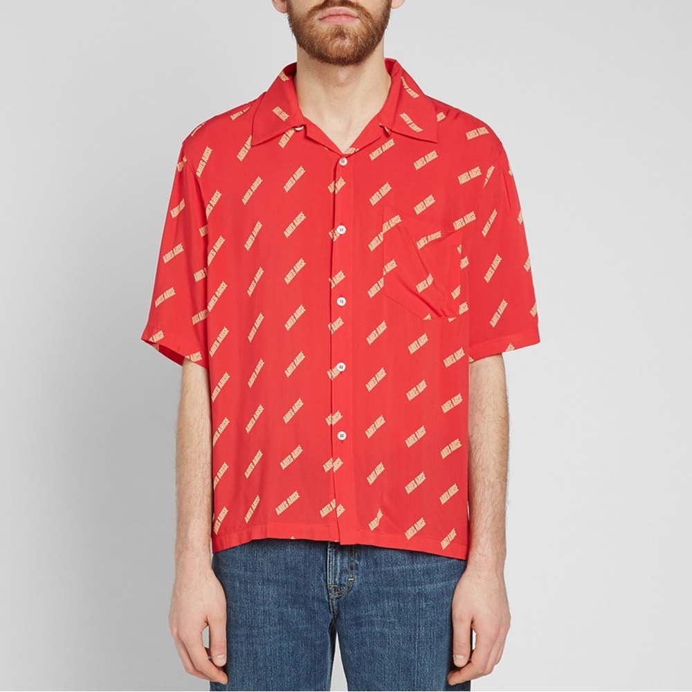 Aries Arise Red All Over Logo Print Bowling‎ Collar Short Sleeve Button Up Shirt